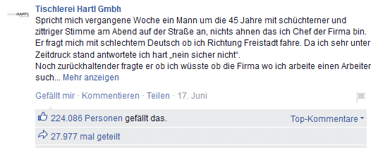 Facebook Post Stories Tischlerei Hartl Österreich