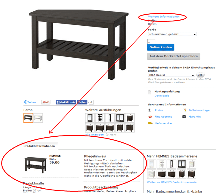 Produktinfos bei Ikea mit Sprungmarkenlink