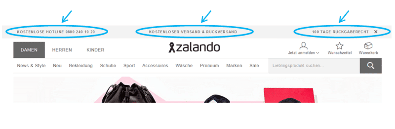 Zalando verwendet Alleinstellungsmerkmale im Header