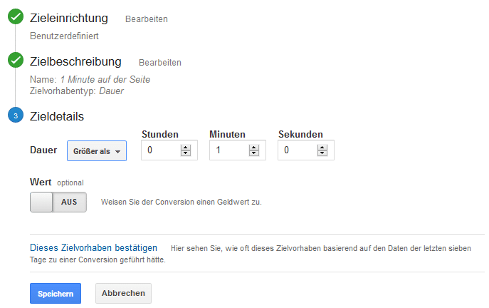 conversion für 1 minute verweildauer einrichten