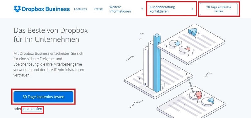 CTAs in unterschiedlichem Design auf der Landingpage Dropbox Business