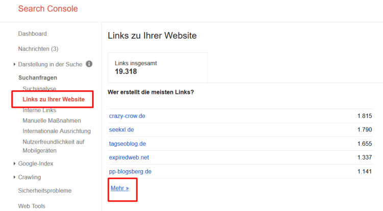 Google Search Console Links zu Ihrer Webseite