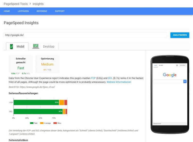 Seiten-Ladezeiten mit Google Pagespeed testen