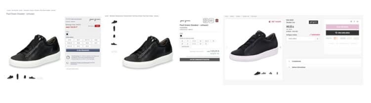 drei Produktseiten mit einem schwarzen Sneaker