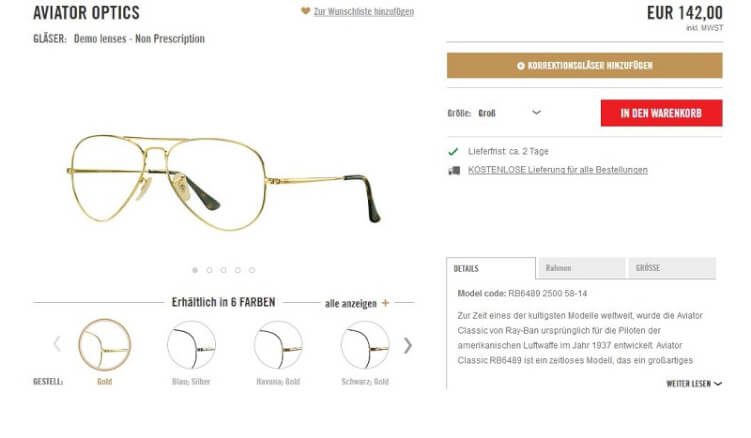 Brille auf einer guten Produktseite