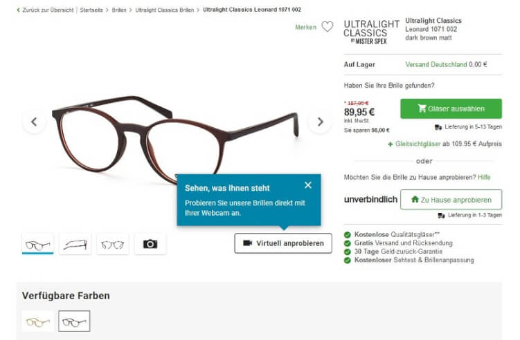 Produktseite eines Brillen-Shops