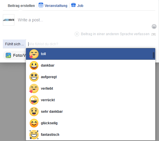 Facebook-Screenshot Gefühle/Aktivitäten