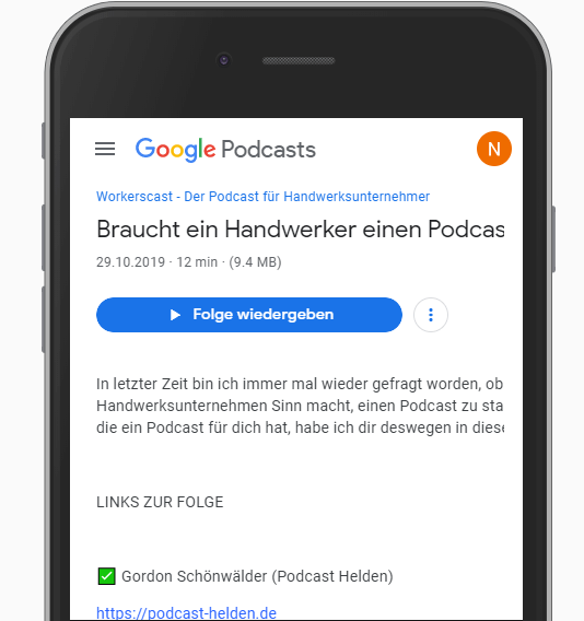 Google Podcasts aufgerufener Podcast