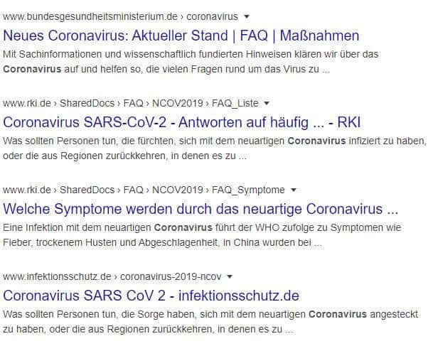 Die Google-Suchergebnisse zum Thema Coronavirus