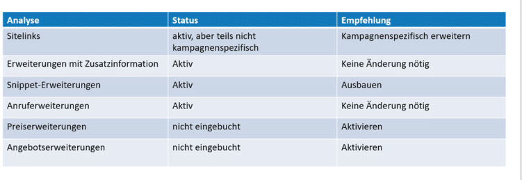 Teil des SEA Audits: Anzeigenerweiterungen in einer Tabelle als Übersicht