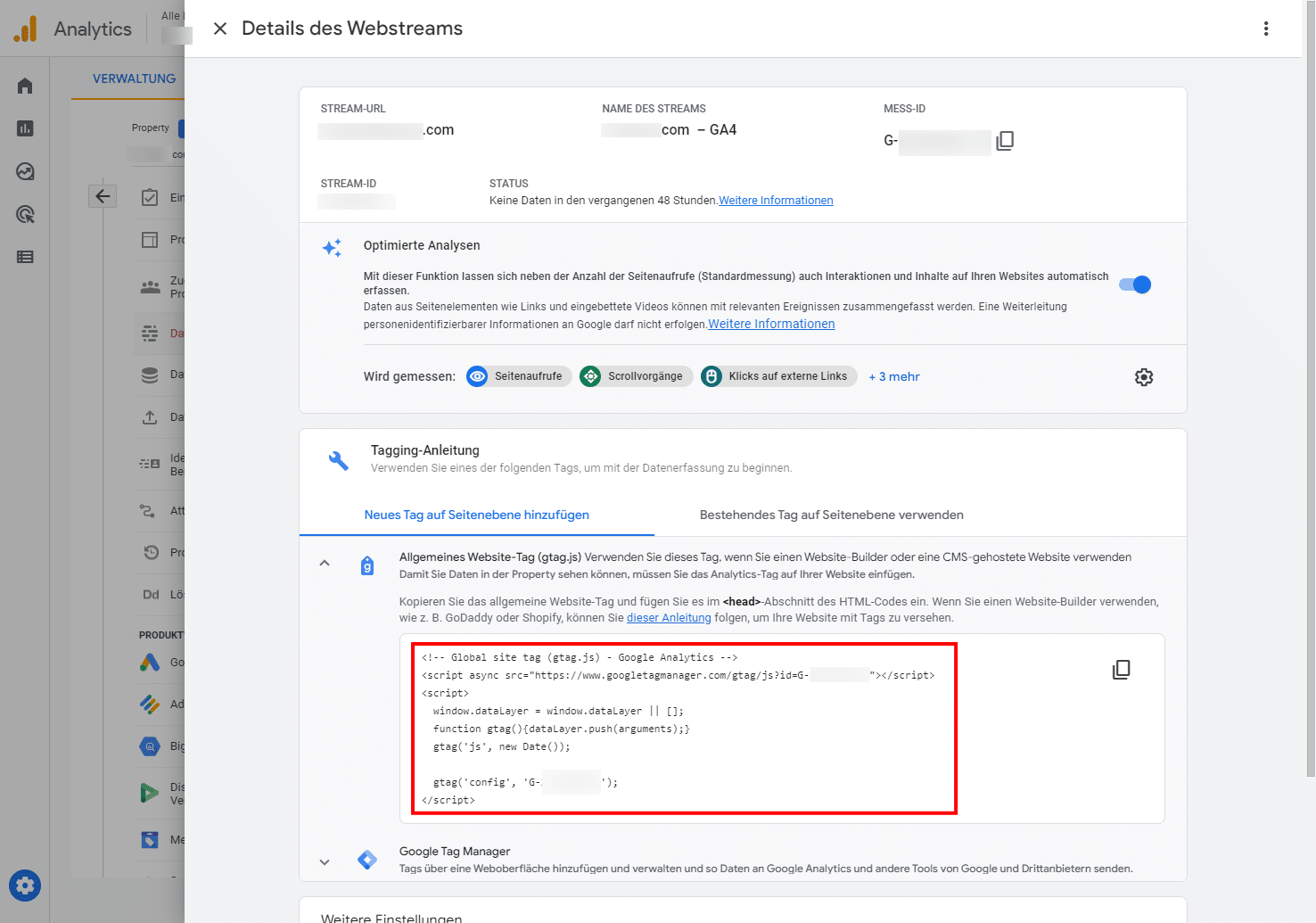 Google Analytics 4 über allgemeines Websit-Tag