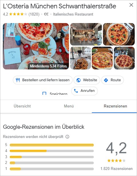 Screenshot Google Bewertungen l'Osteria