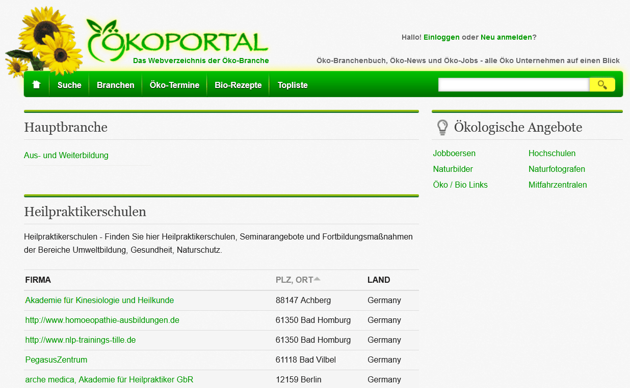 Screenshot "Heilpraktikerschulen" im Ökoportal