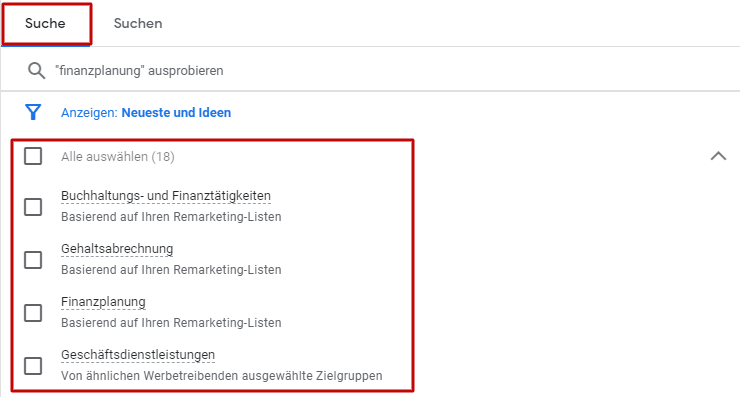 Screenshot zu vorgeschlagenen Zielgruppen von Google