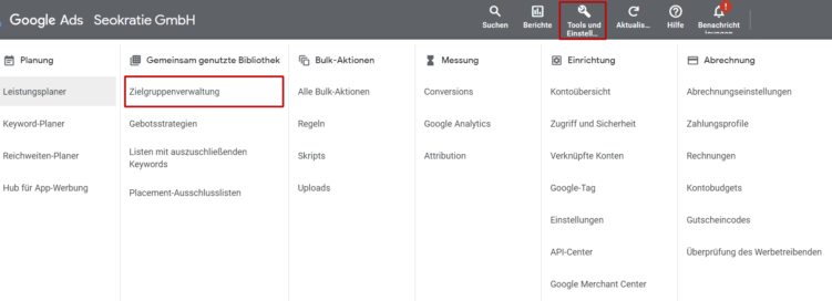 Screenshot aus Google Ads zur Zielgruppenverwaltung