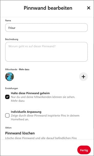 Oberfläche zur Bearbeitung der Pinterst-Pinnwand mit Eingabefelder für Name und Beschreibung etc.