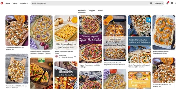 Bilder, sogenannte Pins, als Suchergebnis auf die Suchanfrage "kürbis flammkuchen"