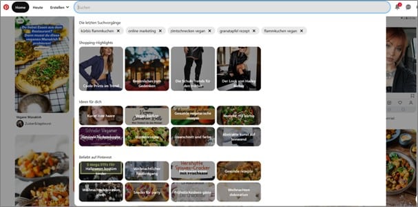 Pinterest-Vorschläge im Suchfeld
