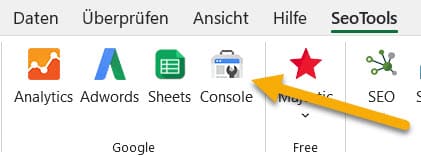 Um die SeoTools for Excel mit der Google Search Console verbinden zu können, musst Du unter "Google" die "Console" anklicken.