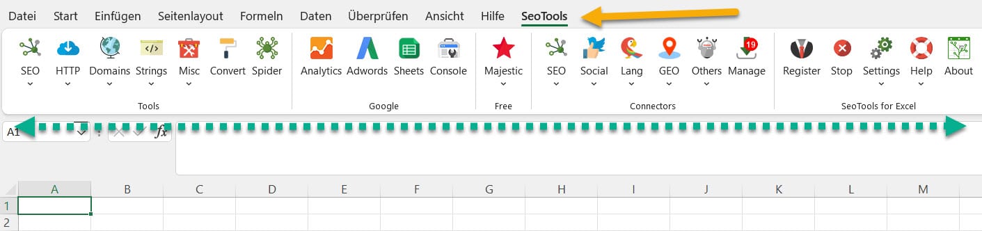 Das SeoTools for Excel Menüband ist übersichtlich nach Anwendungsbereichen strukturiert.