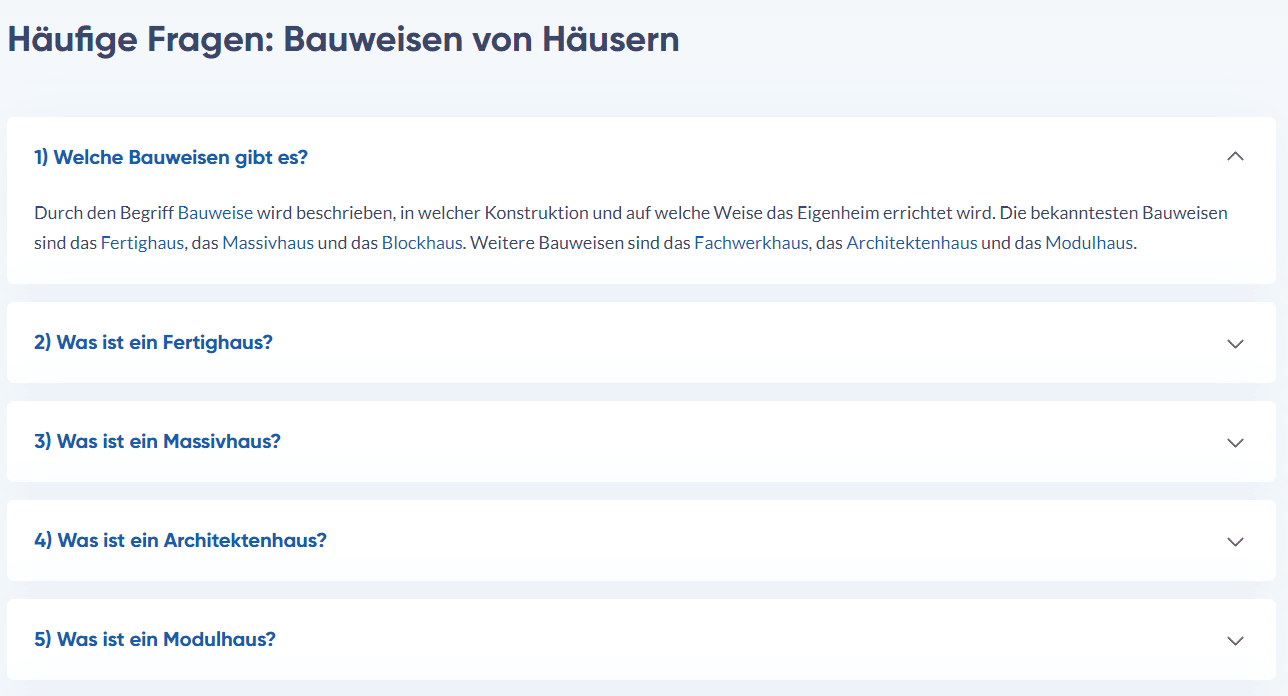 FAQ-Sections als Akkordeons bei fertighaus.de