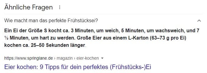 Ähnliche Fragen zum perfekten Frühstücksei bei Google