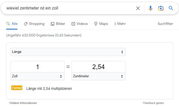 Ein Zoll in Zentimetern als Zero-Click Content bei Google