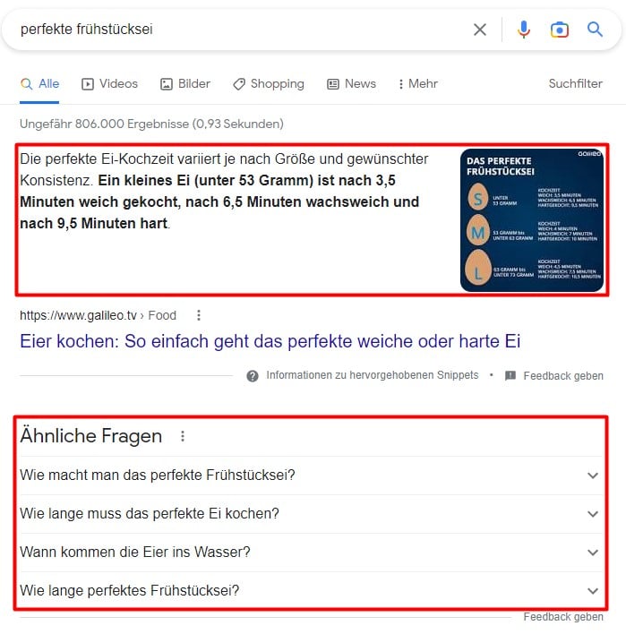 Featured Snippet mit Anleitung für das perfekte Frühstücksei