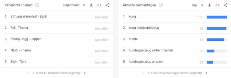 Screenshot von Google Trends mit Themenvorschlägen für Suchbegriff Hundespielzeug