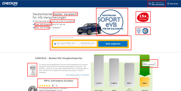 Screenshot einer Check24 SEA Landingpage mit markierten Vorteilen