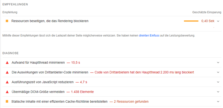 Empfehlungen von PageSpeed Insights