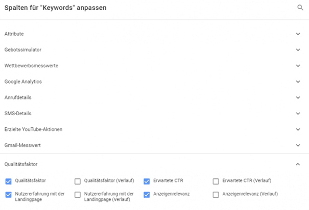 Screenshot der Qualitätsfaktor Spalten Auswahl