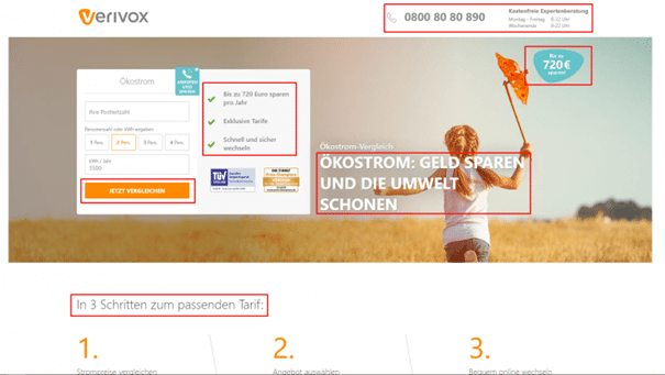 Screenshot einer Verivox SEA Landingpage