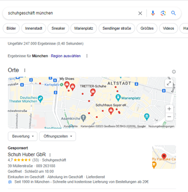 Screenshot von Google Suche mit Google Maps Ads