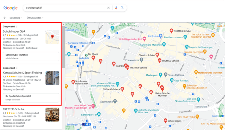 Screenshot von Google Maps Ads zu Schuhgeschäften