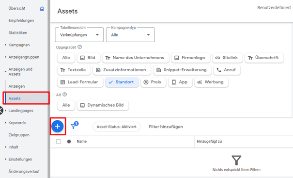Screenshot von Asset Ebene Google Ads