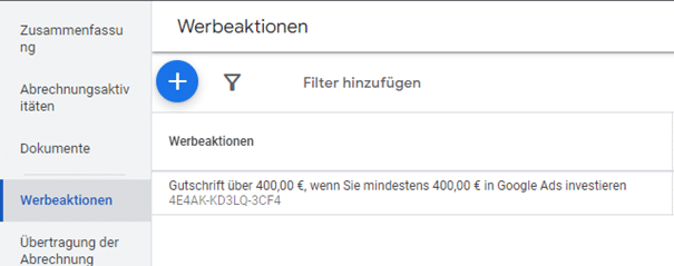 Screenshot der Werbeaktionen in Google Ads