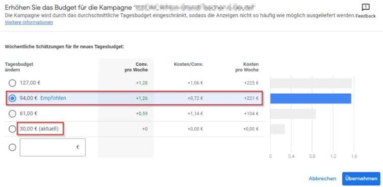 Screenshot: Google Ads-Budgetwarnung