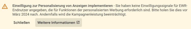 Screenshot einer aktuellen Google Ads-Meldung aus einem Konto im Kontext des Consent Mode.