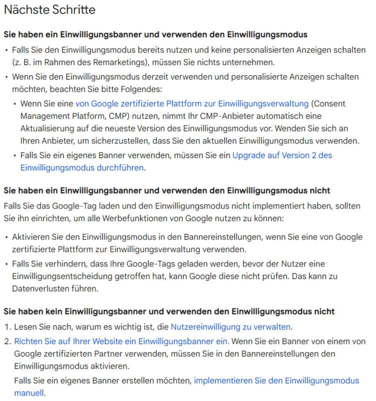 Übersicht, Google Consent Mode, Maßnahmen