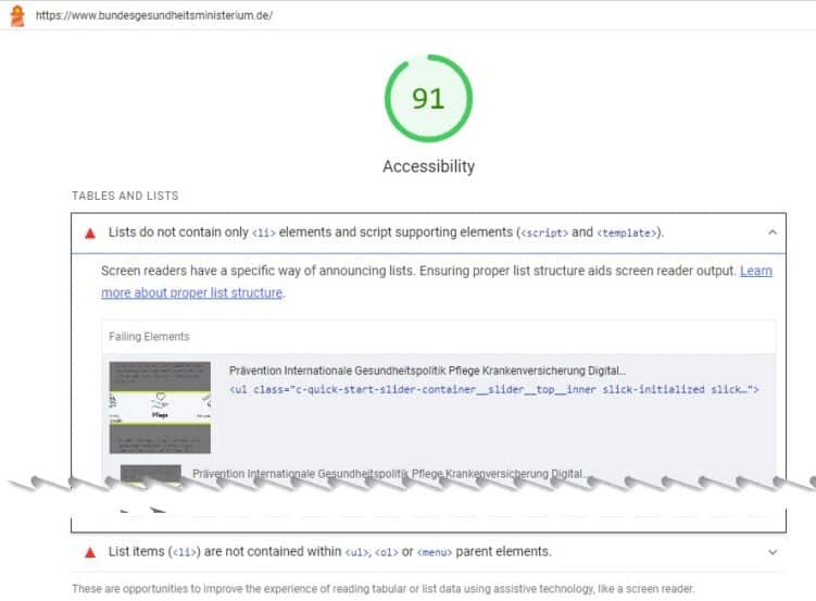 Lighthouse Report „Accessibility“ für die Seite des Bundesgesundheitsministriums.