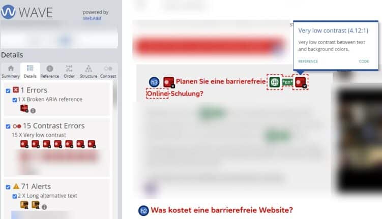 Beispiel für die Anwendung des Tools wave zum Testen der Barrierefreiheit auf einer Unterseite von aktion-mensch