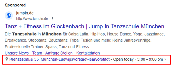 Standorterweiterung am Beispiel einer Google Ads-Anzeige