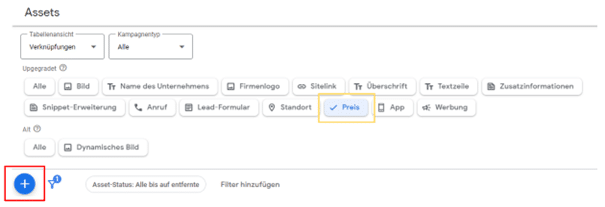 Preiserweiterungen in der Übersicht des Google-Ads-Kontos
