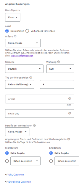 Screenshot, wie Angebotserweiterung angelegt werden