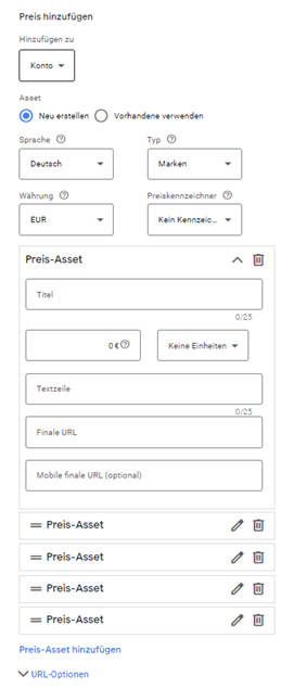 Einstellungsmöglichkeiten von Preis-Assets