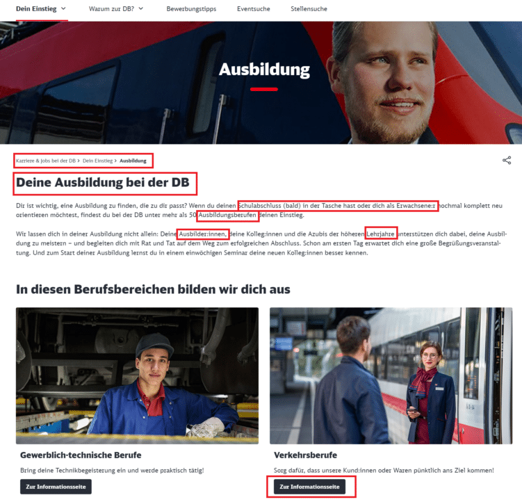 Die Karriere Seite zur Ausbildung als positives Beispiel im HR SEO der deutschen Bahn