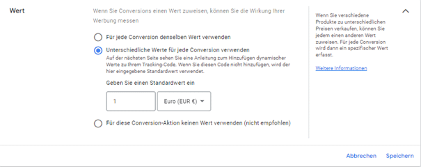 Screenshot der Google Ads Conversion-Wert Einstellungen