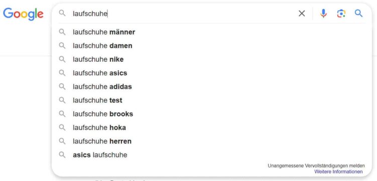 Screenshot Google Suche und Google Sugesst am Beispiel Laufschuhe.