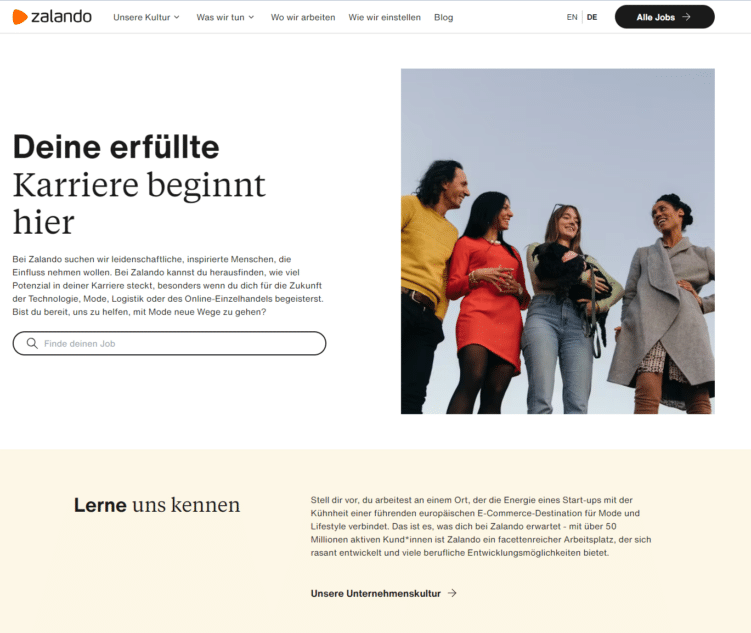 Karriere-Seite von Zalando als positives Beispiel für SEO im HR Bereich